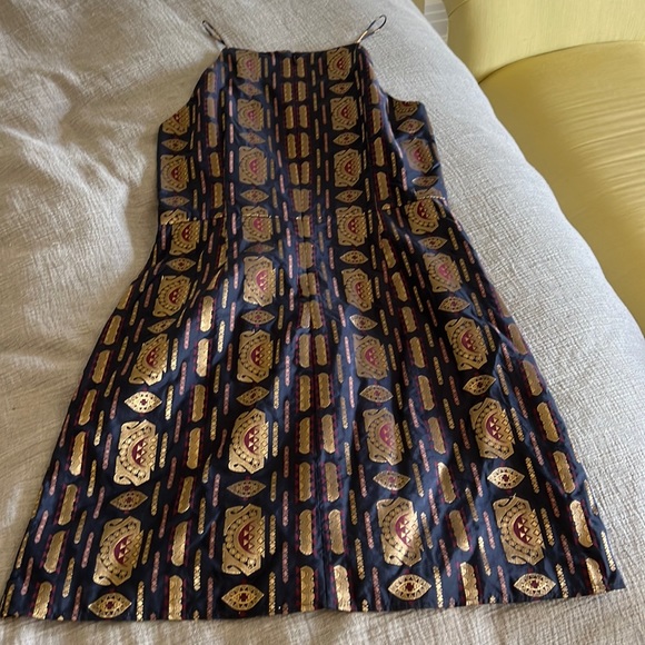 NWT Tory Burch jacquard silk-cotton dress, metallic gold & navy - size 4 - Picture 7 of 10